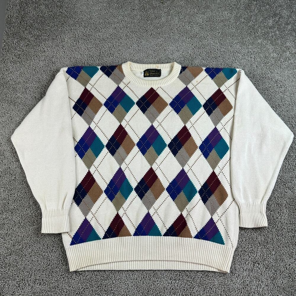 VINTAGE Kipling Sweater Mens XL Beige Argyle Trader Vic's Cotton Pullover 80s